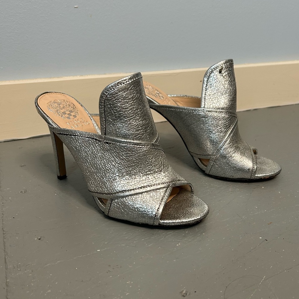 Women’s metallic silver stiletto heels, Vince Camuto, size 8